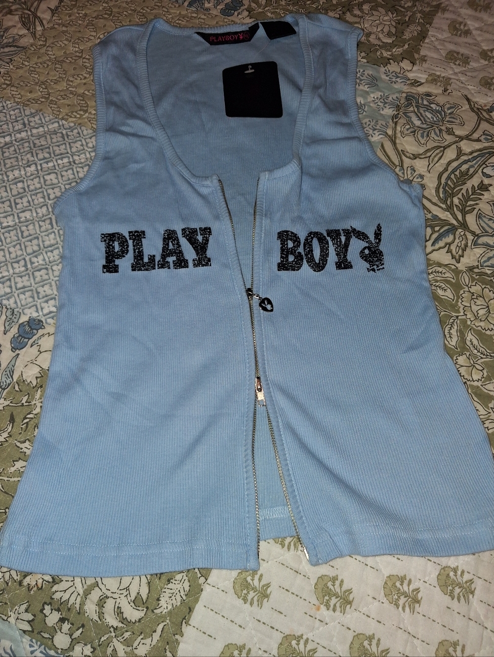 PLAYBOY BUNNY BLUE DOUBLE ZIP RIBBED COTTON TANK TOP